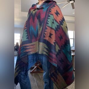 NWOT Hooded Kollie More Shawl Wrap Multi Color Southwestern Fringe Women's OS